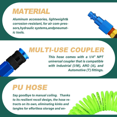 One Quarter Inch By Ten Foot Pro Grade Reinforced Polyurethane Air Hose With Bend Restrictor And Self Coiling Design Includes IM Plug Kit shown with accessories