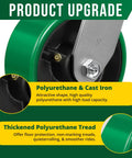 Close-up of 5 inch heavy duty caster wheel polyurethane on steel surface shows brake and plate mount casters for industrial use.