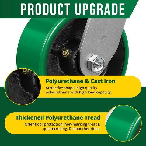 Close-up of 5 inch heavy duty caster wheel polyurethane on steel surface shows brake and plate mount casters for industrial use.