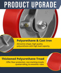 Close-up of heavy duty 5 inch by 2 inch polyurethane casters with four brakes, industrial grade polyurethane tread, and galvanized steel hub