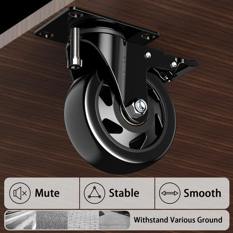 Heavy Duty 4 Inch Caster Wheels Set Of 4 With Brakes And Locking Swivel Plate Industrial Castors For Carts Furniture And Workbenches 2200lbs Capacity Includes Free Screws And Spanner Quiet Polyurethane Wheels, shown installed on wood surface.