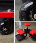 Heavy Duty Creeper Caster Wheels Set Of Six With Two And A Half Inch Polyurethane Rollers and Industrial Steel Bearings, shown in use on tool cart