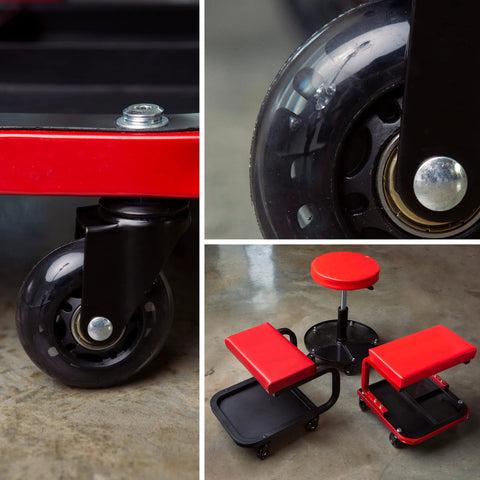 Heavy Duty Creeper Caster Wheels Set Of Six With Two And A Half Inch Polyurethane Rollers and Industrial Steel Bearings, shown in use on tool cart