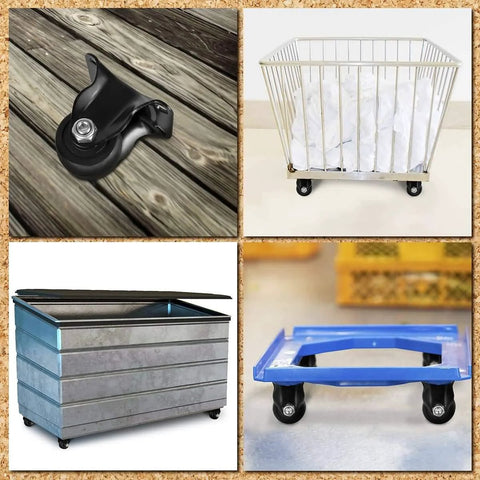 1.5 Inch Heavy Duty Polyurethane Caster Wheels, Rigid Fixed Non Swivel, Industrial Grade, shown installed on carts and platforms