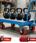 Industrial Grade 6x2 Polyurethane Casters, Set Of 4, 5000 Lb Capacity, installed on blue cart with kettlebells in warehouse