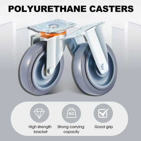 8 Pcs 5 Inch Heavy Duty Caster Wheels Replacement Kit with 4 Swivel and 4 Rigid Industrial Casters featuring non marking TPR rubber silent rolling wheels 300 lb capacity per caster and standard plate size for furniture carts and workbenches.
