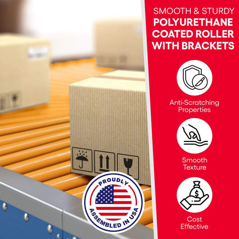 Polyurethane coated roller with brackets on conveyor moving boxes, highlighting anti-scratch and smooth texture properties.