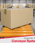 Conveyor system with yellow rollers and boxes showcasing Light Duty Polyurethane Coated Conveyor Rollers - Replacement Roller for Kayak Loader.