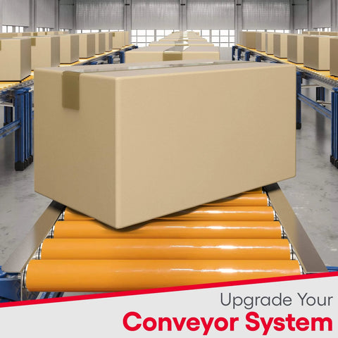 Conveyor system with yellow rollers and boxes showcasing Light Duty Polyurethane Coated Conveyor Rollers - Replacement Roller for Kayak Loader.