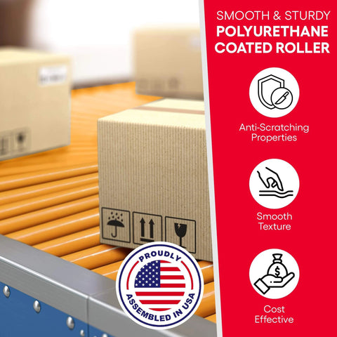Light Duty Polyurethane Coated Conveyor Rollers with cardboard boxes for material transfer and smooth motion.