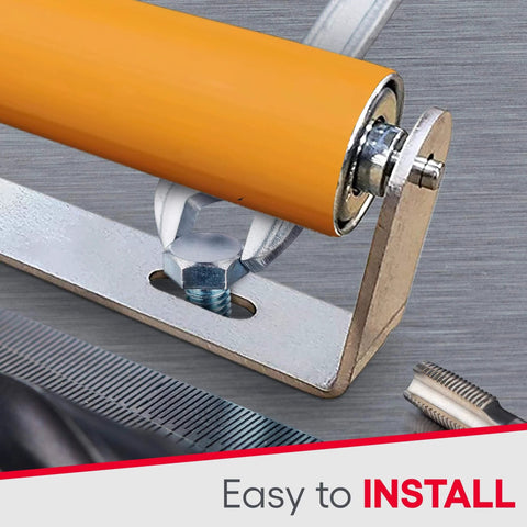 Long Polyurethane Coated Roller with Bracket, 1.5″ diameter, close-up of installation; ideal for conveyor belts, kayak rollers; heavy duty by Ultimation Industries