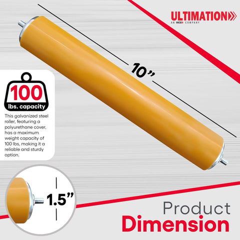 Light Duty Polyurethane Coated Conveyor Rollers - Replacement Roller for Kayak Loader, Material Transfer - 10" x 1.5" dimension view