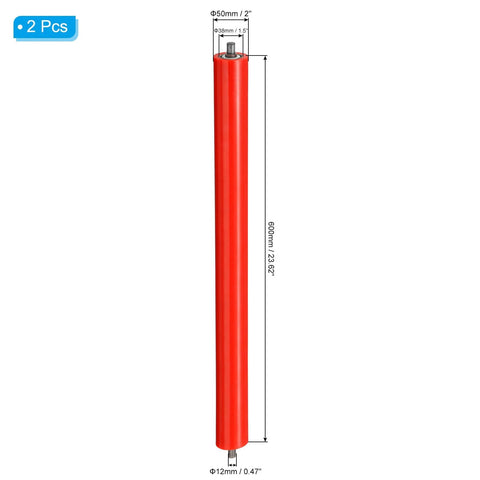 Polyurethane Coated Conveyor Roller 2" Diameter 24" Length, 2 Pack Stainless Steel Transmission Replacement Part Galvanized End, Red