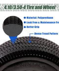 4.10/3.50-4 tire & wheel flat free, close-up of dense tread pattern and labeled polyurethane material, non-inflated heavy duty tire