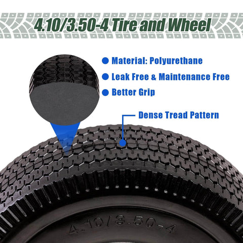 4.10/3.50-4 tire & wheel flat free, close-up of dense tread pattern and labeled polyurethane material, non-inflated heavy duty tire