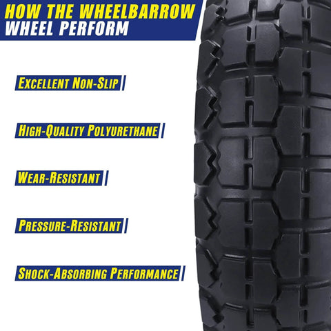 Close-up of 10" flat free tire showing tread pattern, label highlights non-slip, polyurethane, wear-resistant features