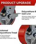 Close-up of 5'x2" industrial casters with polyurethane tread, heavy duty load capacity, designed for smooth motion and alignment in systems.