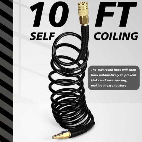 10 Pack 1/4 In X 10 Ft Polyurethane Recoil Air Hose With Bend Restrictor, Quick Couplers And Plugs for Air Compressors