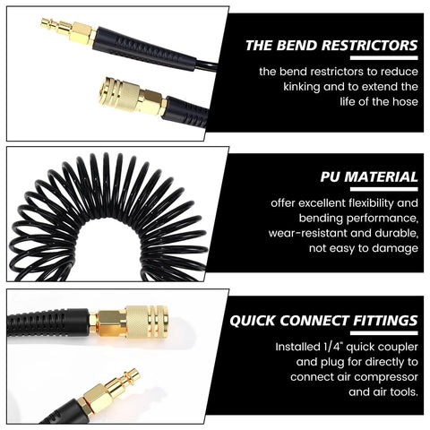 10 Pack 1/4 In X 10 Ft Polyurethane Recoil Air Hose With Bend Restrictor, Quick Couplers and Plugs, flexible coiled line.