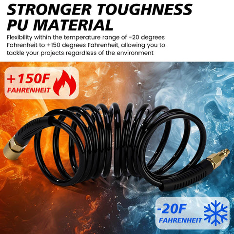 10 Pack 1/4 In X 10 Ft Polyurethane Recoil Air Hose With Bend Restrictor, Quick Couplers And Plugs for temperature extremes.