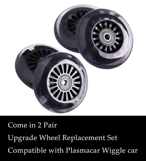 Polyurethane replacement wheels set, 4 black wheels included, front 2p light up, rear 2p narrower, for ride-on toys upgrade, close-up view