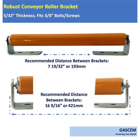 Polyurethane Coated Long Roller With Bracket Set, 5/32" thickness, 3/8" bolts, recommended bracket distances shown.
