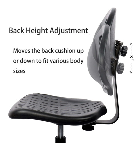 Side view of All Purpose Heavy Duty Stool For Medical Lab Cleanroom Spa Salon Office Workshop And Garage Desk Height 17 To 22 Inches This Rugged Workhorse Polyurethane Seat Handles Up To 450 Pounds And Ships Within 24 Hours with adjustable back support.