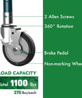 Five Inch Universal Wire Shelving Swivel Casters With Polyurethane Wheels Set Of Four Top Lock Brake For 1 Inch Diameter Wire Shelving Posts Ideal For Heavy Duty Garage Shelving Racks And Industrial Storage close-up showing brake pedal and load capacity