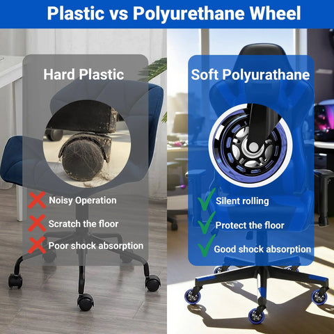 Comparison of hard plastic and soft polyurethane wheels on office chairs for Heavy Duty Rubber Chair Casters Set Of 5 3 Inch Universal Fit 11 Mm By 22 Mm Wheels For Hardwood Floors Carpet And Tile Protection Smooth Rolling Floor Friendly Design With Non Marking Polyurethane Wheels For Smooth Quiet Rolling On All Flooring Types.