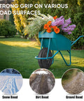 4.80/4.00-8 Flat Free Wheelbarrow Tire and Wheel on grass, showing grip on snow, dirt, and gravel surfaces