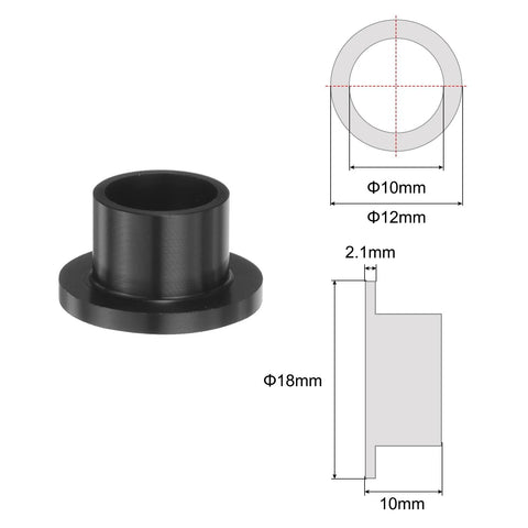 Flanged Sleeve Bearings 8 Pack Plastic Bushings POM Black 10mm Bore 12mm OD 10mm Length shown with dimensions.
