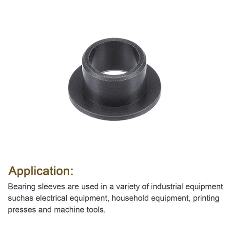 Black flanged sleeve bearings with 8mm bore, 10mm OD, and 7mm length, showing POM self-lubricating design and 15mm flange diameter.