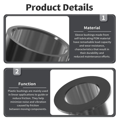 Product details showing POM material and function of Set Of 4 POM Flanged Sleeve Bearings 8mm ID x 10mm OD x 7mm Length With 15mm Flange Diameter