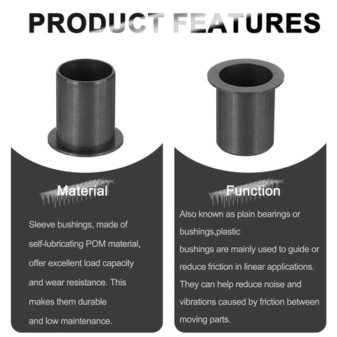 Six Pack Flanged Sleeve Bearings 17mm ID 19mm OD 25mm Length POM Plastic Bushing Black with product features text