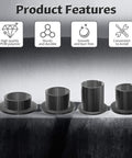 4 Pack POM Flanged Sleeve Bearings 15Mm Id 17Mm Od 17Mm Length For Shaft Of Equipment Machinery Oilless Black Self Lubricating Bushings With No Mess 23Mm Flange Diameter And 1Mm Flange Thickness displayed with product features icons, showing high quality, sturdy and durable, smooth and burr-free, and convenient to install