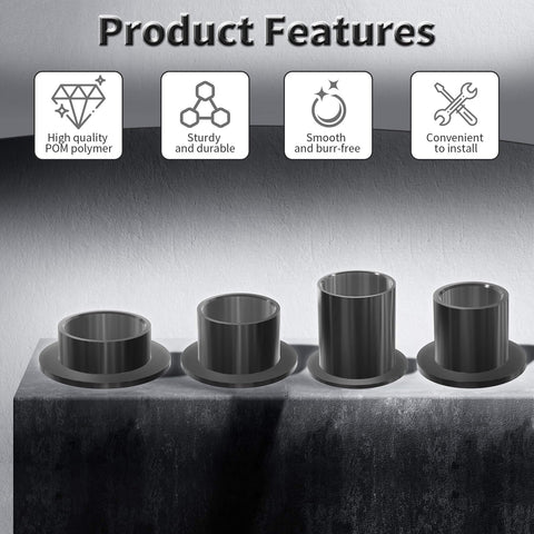 4 Pack POM Flanged Sleeve Bearings 15Mm Id 17Mm Od 17Mm Length For Shaft Of Equipment Machinery Oilless Black Self Lubricating Bushings With No Mess 23Mm Flange Diameter And 1Mm Flange Thickness displayed with product features icons, showing high quality, sturdy and durable, smooth and burr-free, and convenient to install