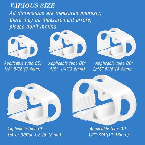 Various sized plastic tube clamps showing adjustable mini flow control for half to three quarter inch tube OD, durable POM plastic.
