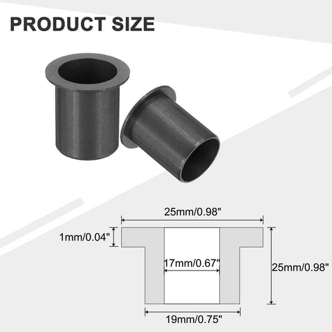 Six Pack Flanged Sleeve Bearings 17mm ID 19mm OD 25mm Length POM Plastic Bushing Black dimensions diagram