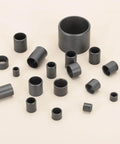 Array of black POM sleeve bearings, various sizes; featuring Six Pcs POM Sleeve Bearing Plastic Bushings Self Lubricating Oilless Maintenance Free.