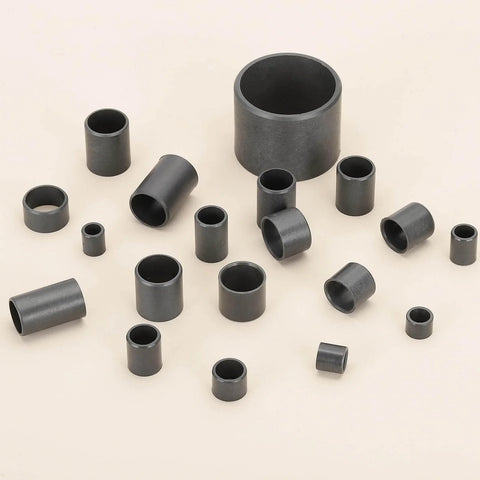 Array of black POM sleeve bearings, various sizes; featuring Six Pcs POM Sleeve Bearing Plastic Bushings Self Lubricating Oilless Maintenance Free.
