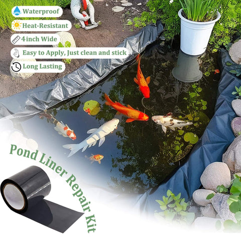 4 Inch Pond Liner Repair Tape Butyl Rubber Single Sided Waterproof Seal Kit for EPDM PVC HDPE Ponds in garden setting.