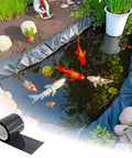 4 Inch Pond Liner Repair Tape Butyl Rubber Single Sided Waterproof Seal Kit For EPDM PVC HDPE Ponds, shown next to fish pond.
