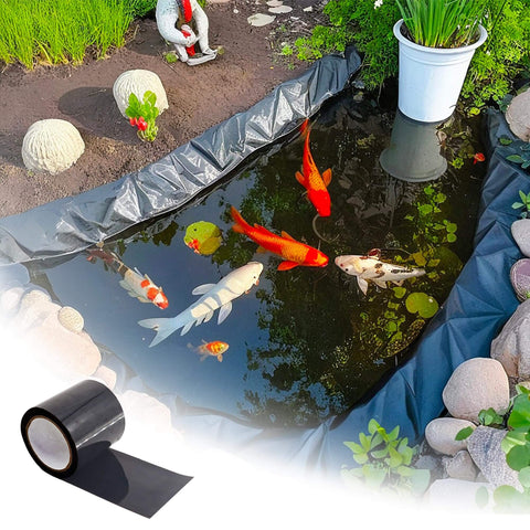 4 Inch Pond Liner Repair Tape Butyl Rubber Single Sided Waterproof Seal Kit For EPDM PVC HDPE Ponds, shown next to fish pond.