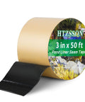 Pond Liner Seam Tape 3 Inch By 50 Foot Ultra Strong Double Sided Butyl Adhesive roll showing front label and unrolled tape