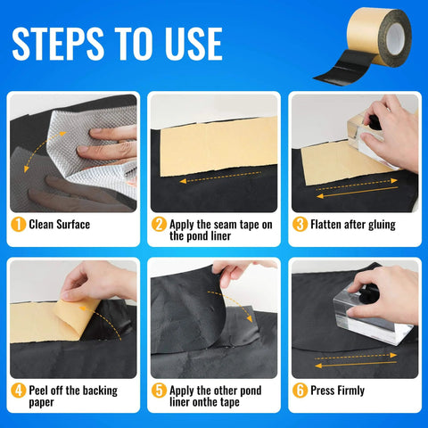 Steps to use Pond Liner Seam Tape 3 Inch By 50 Foot Ultra Strong Double Sided Butyl Adhesive; includes cleaning, applying, pressing