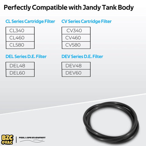 Replacement O Ring Gasket For Pool Filter Tank Fits DEV48 DEV60 DEL48 DEL60 CV340 CV460 CV580 CL340 CL460 CL580 Spa And Pool Filters Replaces O524 Easy DIY Install No Pro Needed Durable Seal, shown with compatibility chart in background.
