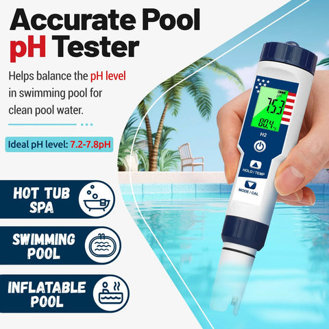 Person holding a Hydrogen Water Tester With Dual H2 Modes And 4 In 1 pH ORP Meter near a swimming pool, displaying pH reading.