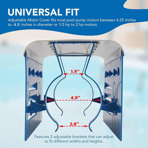 Universal Pool Pump Motor Cover With Adjustable Fit For 1/3 To 2 HP Motors shown with dimensions and adjustable brackets.