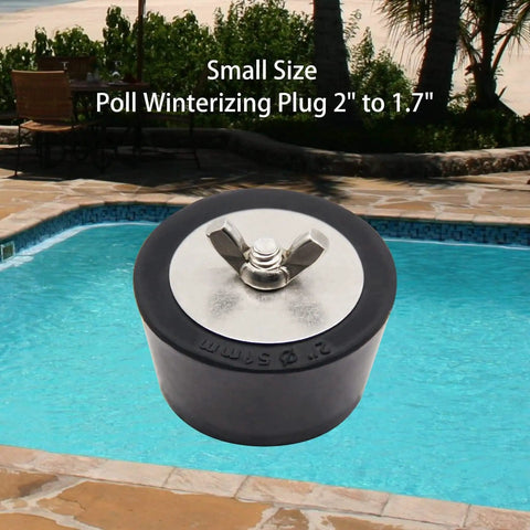 2 Inch Pool Winterizing Rubber Plugs 2 Pack With Stainless Steel Screws For Inground Pools displayed near a poolside