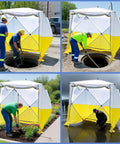 Pop Up Work Tent With Instant Tool Free Setup in use for outdoor construction and gardening, 6ft X 6ft X 6.6ft, waterproof and UV resistant.